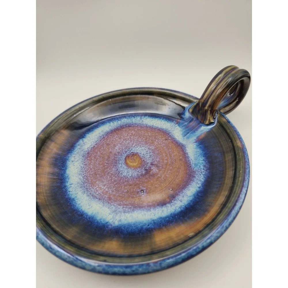 Greg Olson Signed Studio Art Pottery Blue Drip Stoneware Dish Chamberstick
